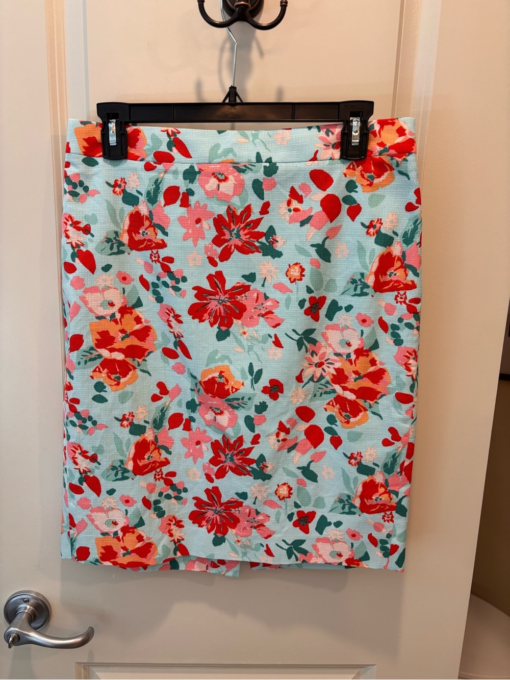 J. Crew Aqua Floral Pencil Skirt with Red & Pink Blooms